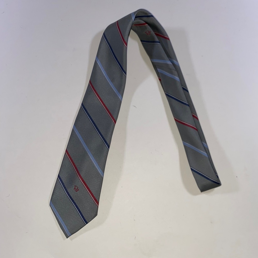 Christian‎ Dior Monsieur Mens Striped Tie Grey Blue Red Silk Blend Made in USA - Picture 4 of 5